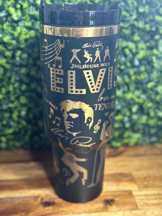 Elvis Inspired Black and Gold 40 ounce Tumbler with Straw image 1