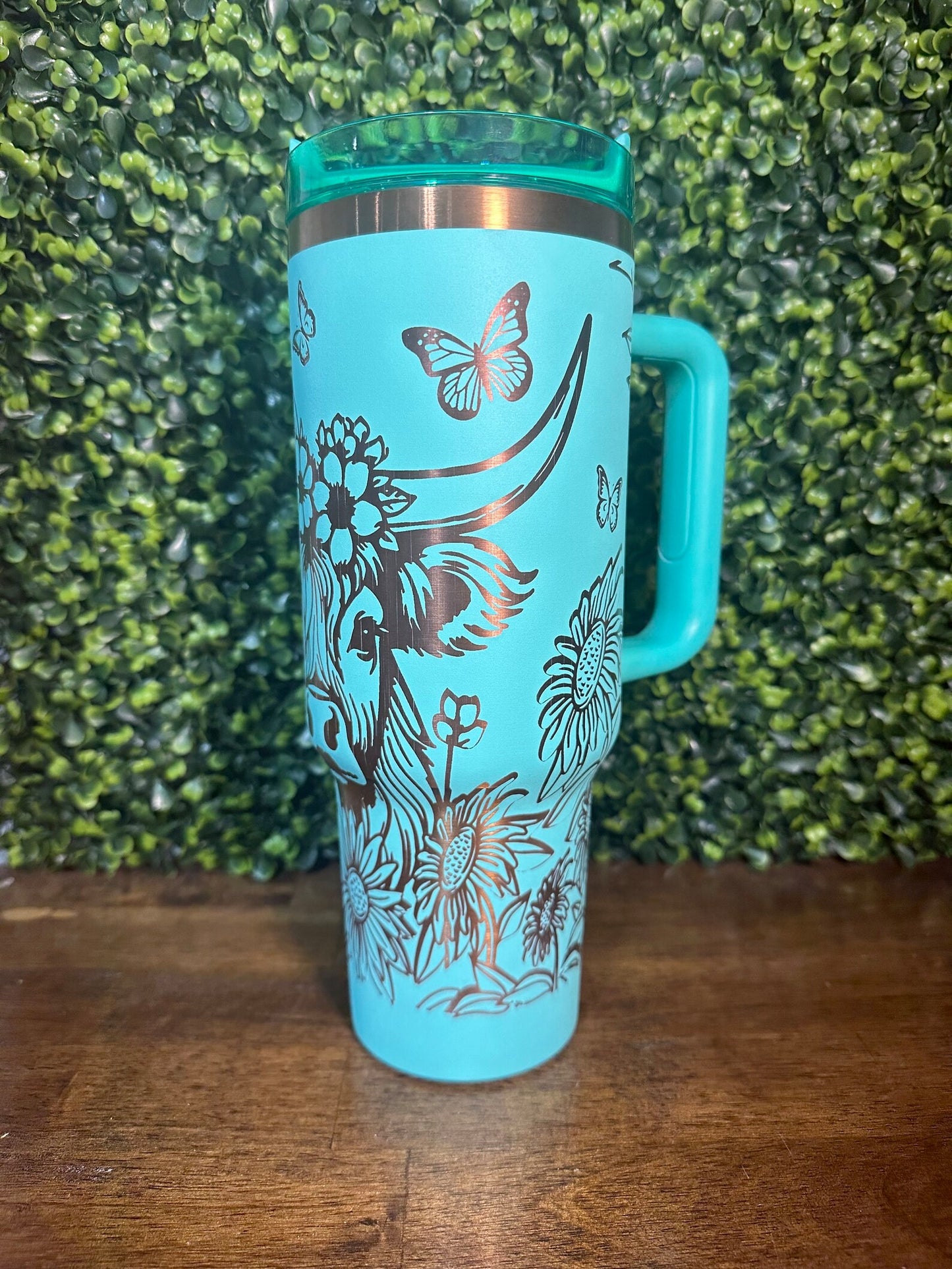 Unique Highland Cow Tumbler | Mint Green + Copper | Large 40 oz | Whimsical Anim image 1
