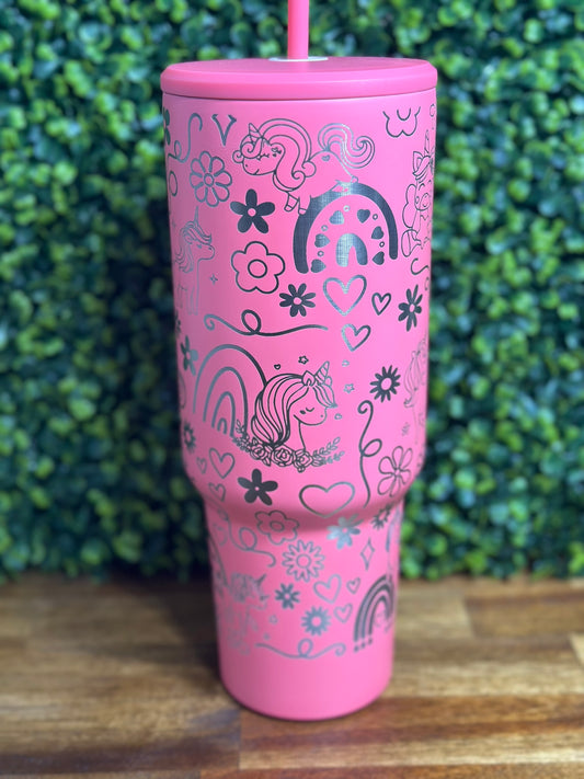 Bright Pink Unicorn and Rainbow 40 Ounce Tumbler image 1