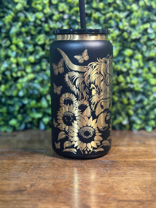 Highland Cow Can Tumbler with Floral Design and Elegant Gold Accents image 2