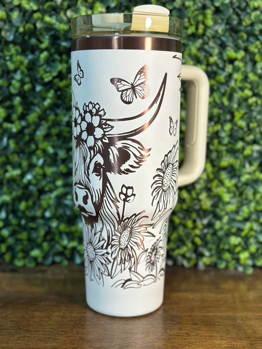 Flower Powered Highland Cow Elegant 40 ounce Tumbler with Copper Accents
