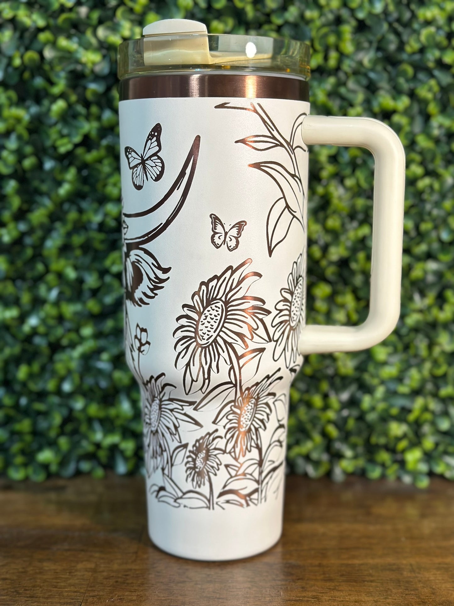 Flower Powered Highland Cow Elegant 40 ounce Tumbler with Copper Accents