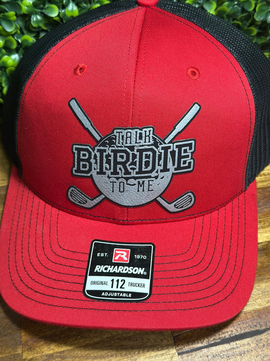 Golf Enthusiast "Talk Birdie to Me" Leather Patch Trucker Hat