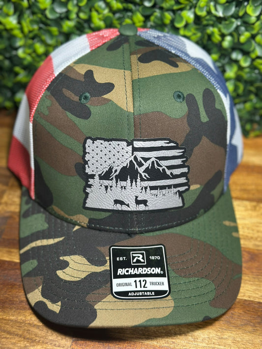 American Flag Leather Patch Trucker Hat w/ Deer Scene