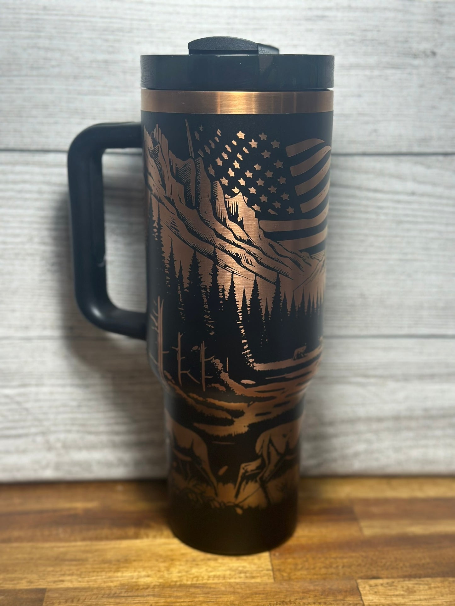 Stunning Deer with American Flag Laser Engraved Copper/Gold Plated Tumbler