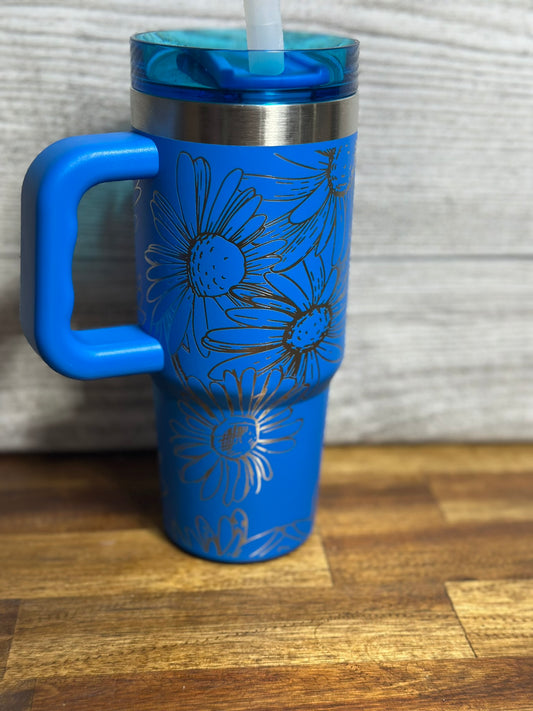 Floral Engraved 18 oz Handled Tumbler - Bright Blue