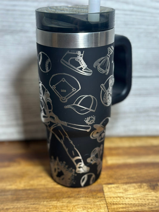 Baseball Themed 18 oz Handled Tumbler - Black