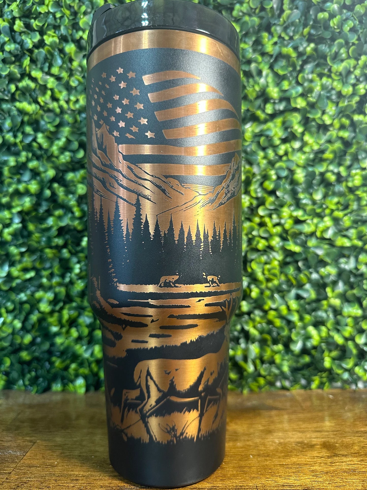 Stunning Deer with American Flag Laser Engraved Copper/Gold Plated Tumbler image 0