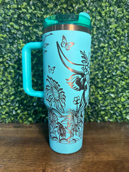 Unique Highland Cow Tumbler | Mint Green + Copper | Large 40 oz | Whimsical Anim image 2