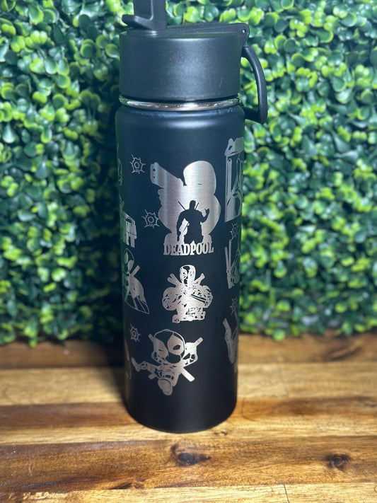Deadpool Laser Engraved Black Water Bottle / Personalizable image 1