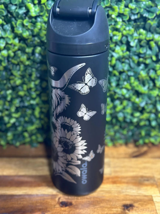 Highland Cow in a bed of Sunflowers Owala Water Bottle image 1