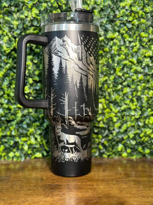 Stunning Deer with American Flag Laser Engraved Silver Plated Tumbler image 1