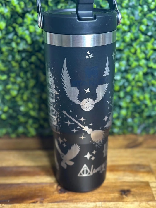 Harry Potter Themed Laser Engraved Black and Black Authentic Stanley Fliptop Tum image 1