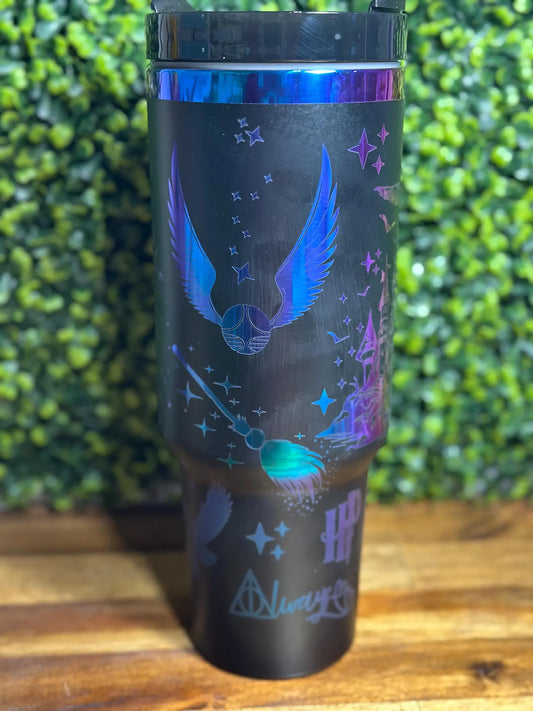Hogwarts Inspired Rainbow Plated Black Tumbler /40 ounce with handle image 1
