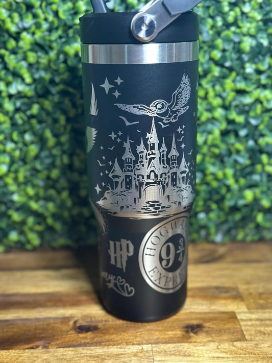 Harry Potter Themed Laser Engraved Black and Black Authentic Stanley Fliptop Tum image 0