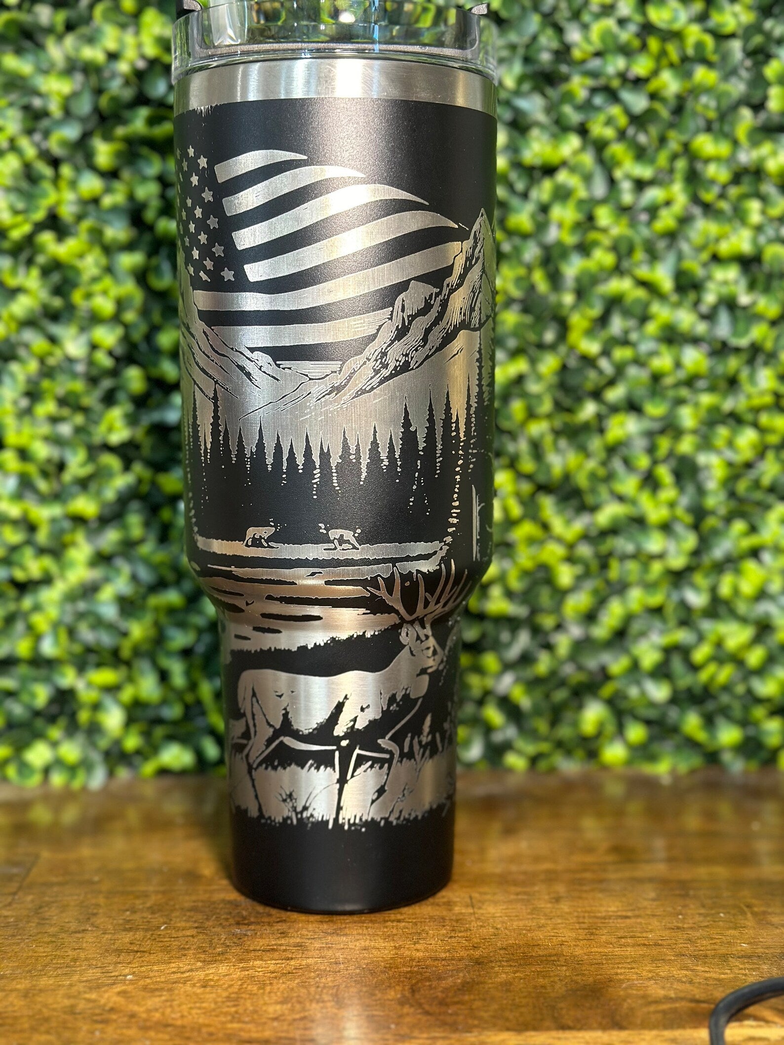 Stunning Deer with American Flag Laser Engraved Silver Plated Tumbler image 2