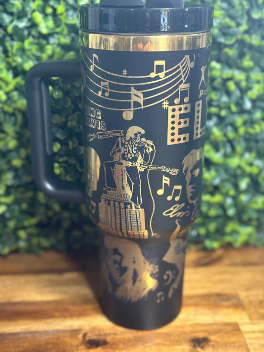 Elvis Inspired Black and Gold 40 ounce Tumbler with Straw image 0