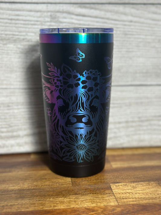 Blue/purple Ombre Plated Highland Cow 20 Ounce Tumbler