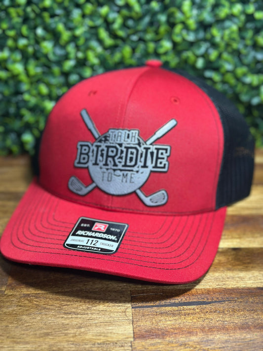 Golf Enthusiast "Talk Birdie to Me" Leather Patch Trucker Hat