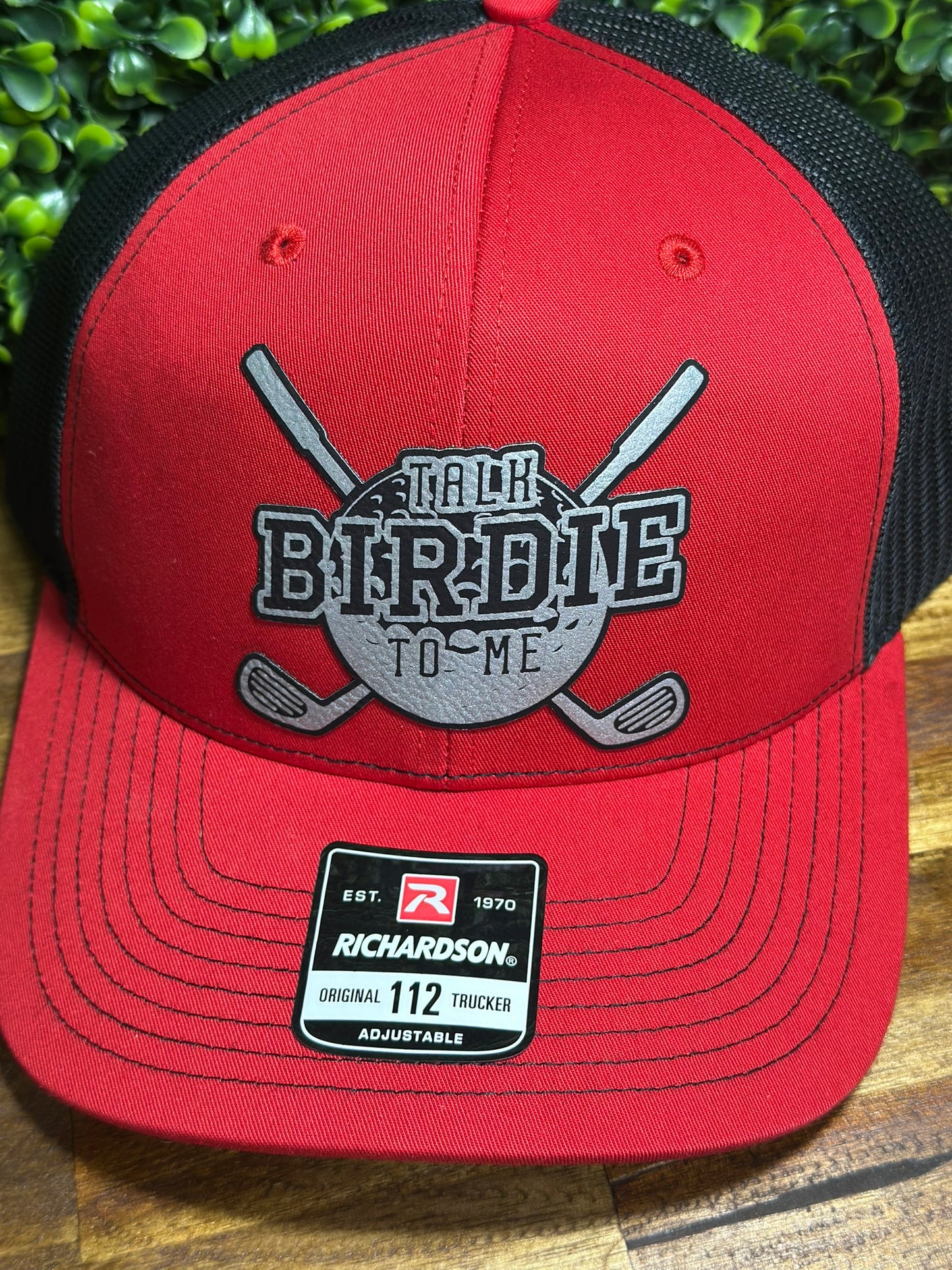 Golf Enthusiast "Talk Birdie to Me" Leather Patch Trucker Hat