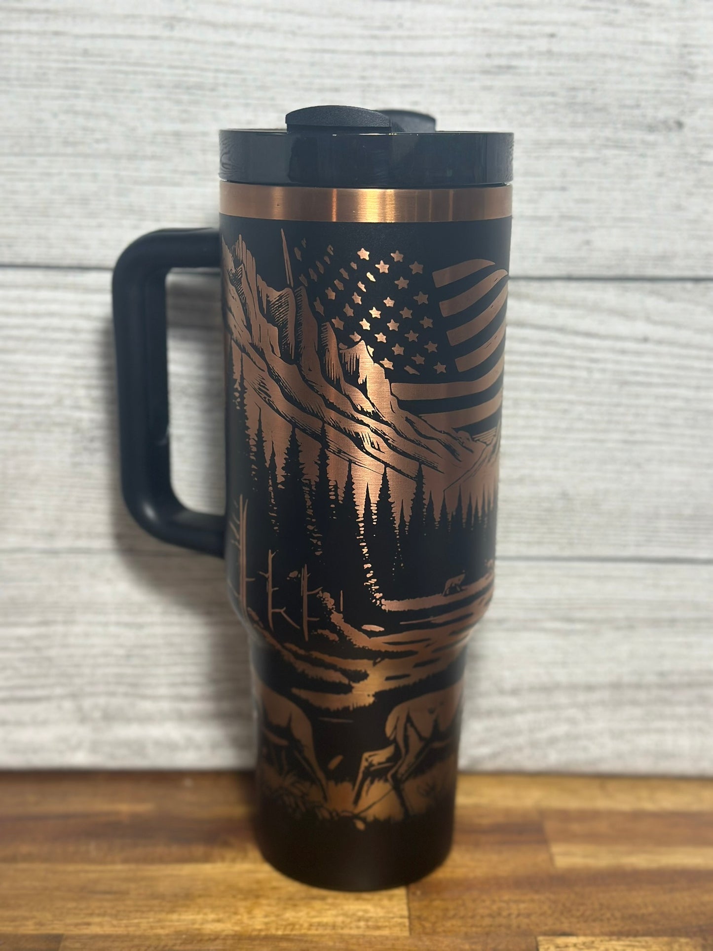 Stunning Deer with American Flag Laser Engraved Copper/Gold Plated Tumbler