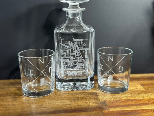 Muncie, Indiana Decanter and Whiskey Set