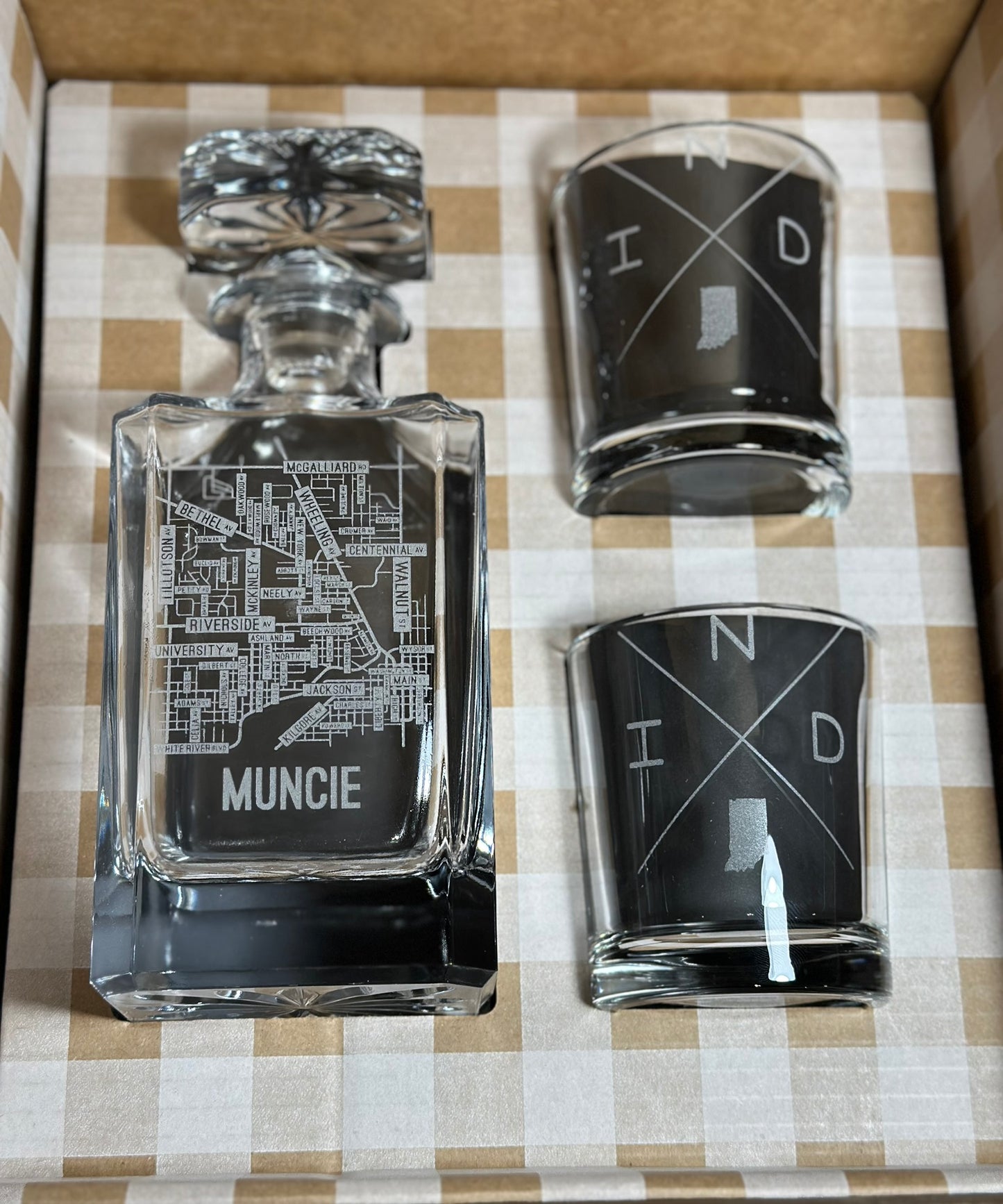 Muncie, Indiana Decanter and Whiskey Set