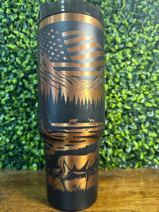 Stunning Deer with American Flag Laser Engraved Copper/Gold Plated Tumbler image 0
