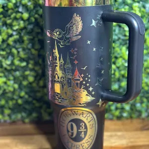Hogwarts Inspired Rainbow Plated Black Tumbler /40 ounce with handle image 0
