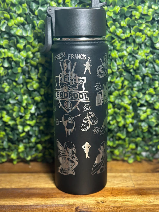 Deadpool Laser Engraved Black Water Bottle / Personalizable image 0