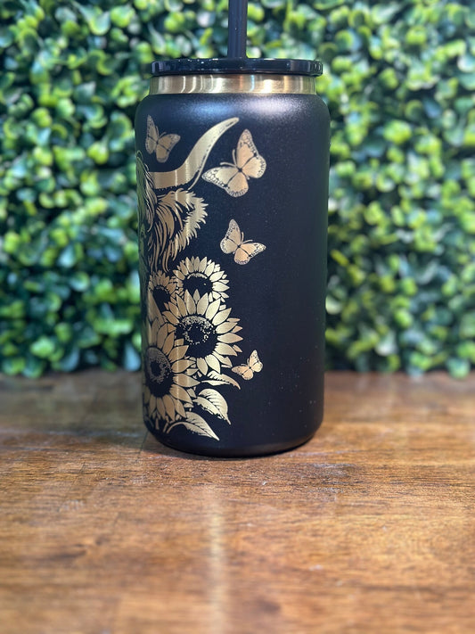 Highland Cow Can Tumbler with Floral Design and Elegant Gold Accents image 1